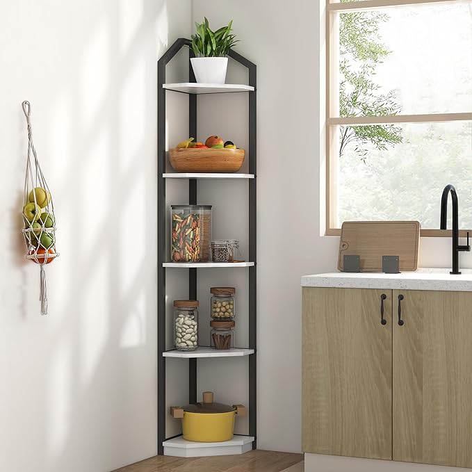 Fun Memories 5 Tier Corner Shelf, 70” Corner Shelf Stand, Corner Bookshelf Plant Stand, Storage Shelf for Bathroom, Living Room, Kitchen,Home Office, White