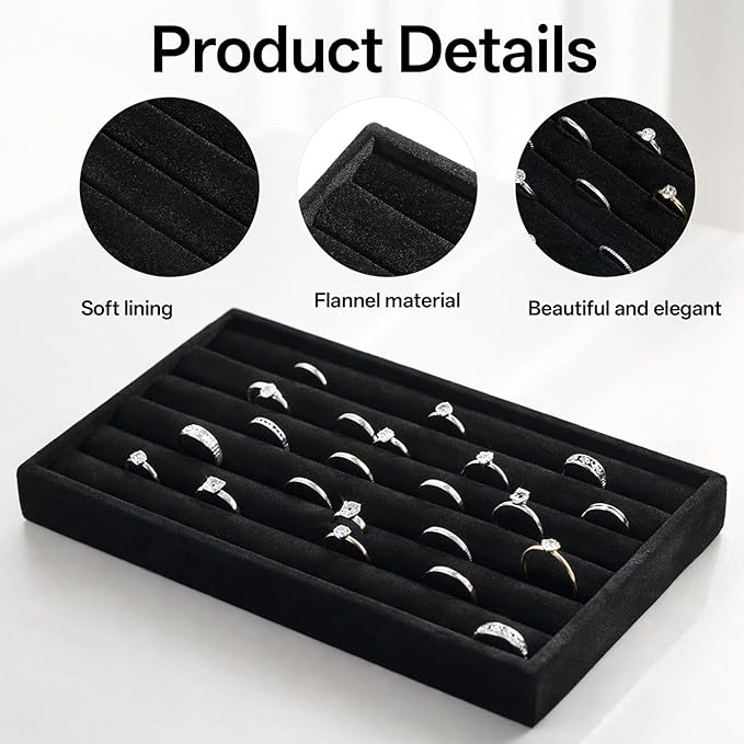 SynHHergyx Ring Display Tray 7 Slots Ring Display Case Earrings Showcase Organizer Rings Holder Tray Velvet Jewelry Drawer Organizer Inserts, Black