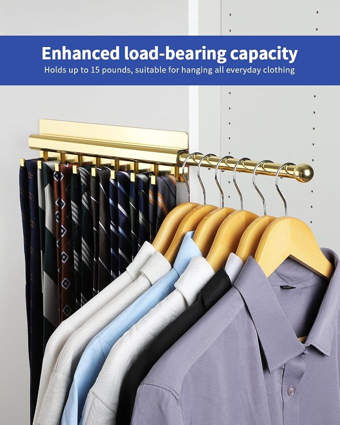 BaiNong Adhesive Valet Rod for Closets Pull Out 12" Gold with 8 Hooks | Multifunctional Closet Valet Rod Slide Out for Closets Belt Organizer for Closet Tie Rack Hanger for Closet Space-Saving