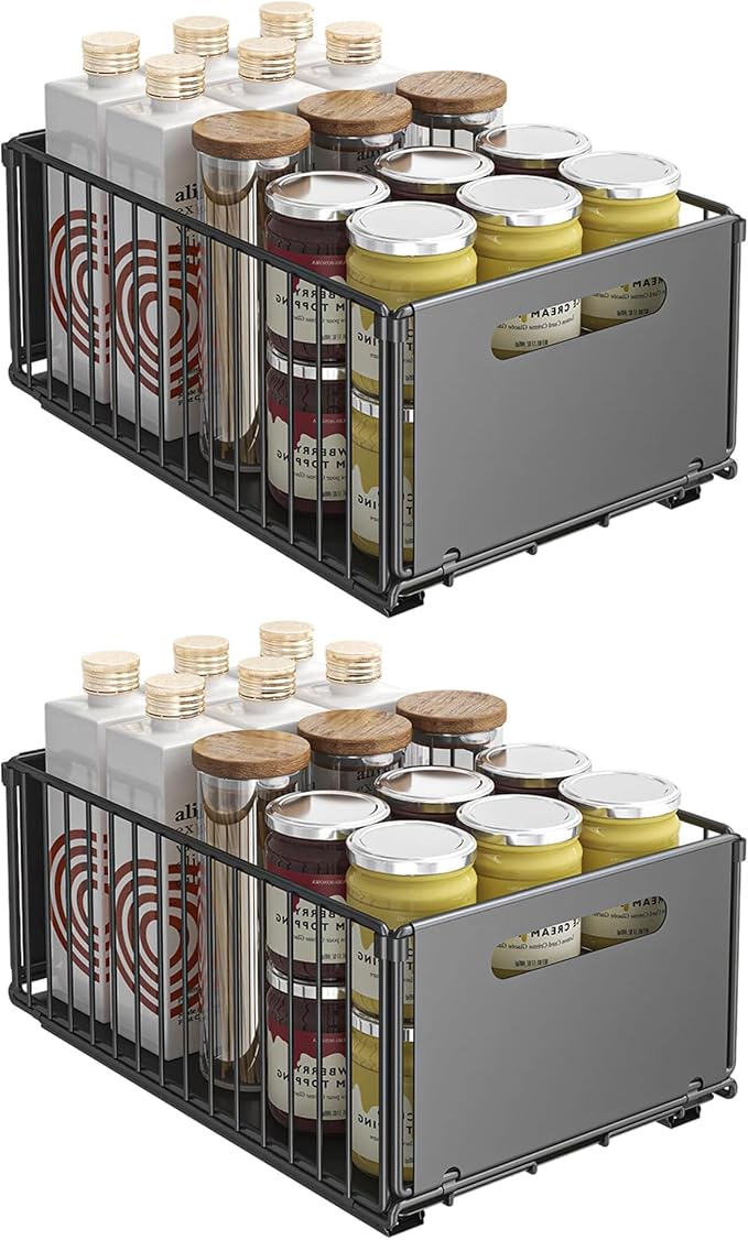 Pull out Cabinet Organizer Fixed with Adhesive Nano Film,Heavy Duty Slide out Pantry Shelves Drawer Storage,Sliding Mesh Cabinet Basket for Kitchen, Bathroom,Home, 9.65"W X14.76"D X7.48"H, pack of 2
