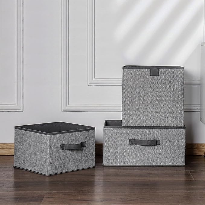 Storage Baskets, 11.8-Inch Woven Fabric Bins, Storage Cubes with Reinforced Handles, Organizer Bins for Closet Shelves, Foldable, for Toys, Clothes (3PCS/Grey-11.8*11.8*11.8inch)
