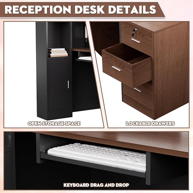 L-Shaped Large Wooden Reception Desk, Modern Front Desk Reception Counter with Lockable Drawers, Storage & Keyboard Tray for Office Lobby Checkout (Right-Brown + Black, 71''L x 34''W x 41''H)