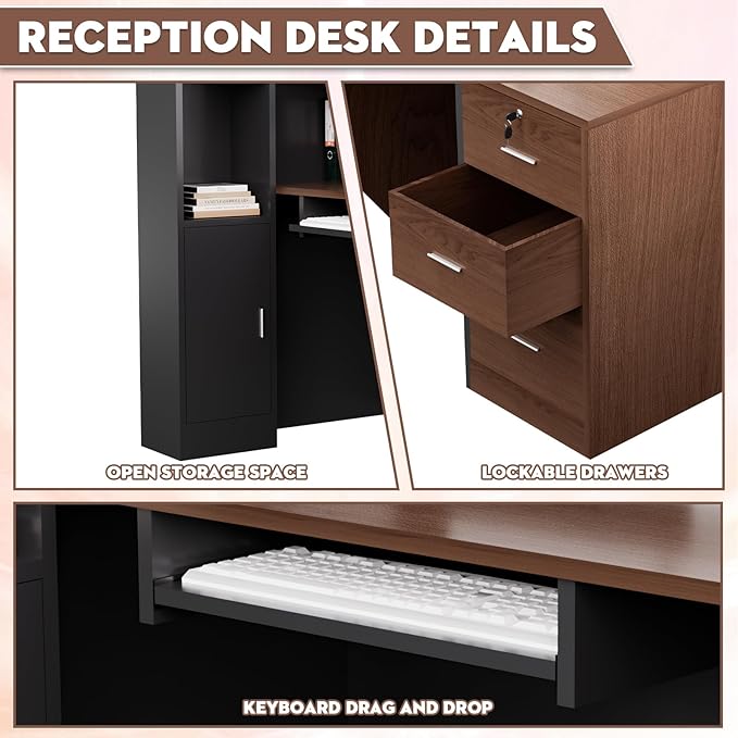 Ceridwen L-Shaped Large Wooden Reception Desk, Modern Front Desk Reception Counter with Lockable Drawers, Storage & Keyboard Tray for Office Lobby Checkout (Left-Brown + Black, 87''L x 42''W x 41''H)