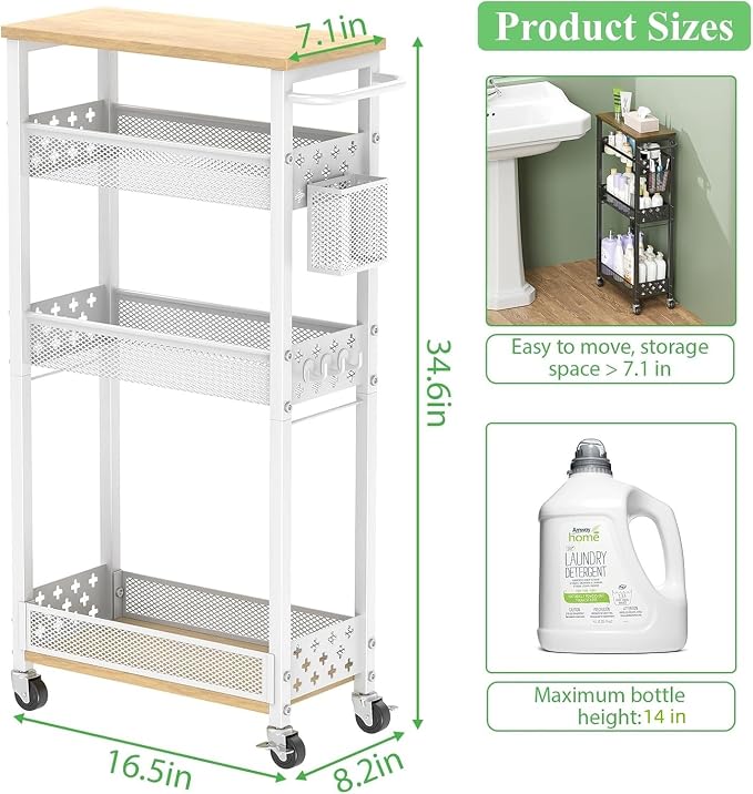 4 Tier Slim Rolling Storage Cart, Laundry Room Cart on Wheels, Small Metal Bathroom Cart Kitchen Organizer Trolley with Handle and Mesh Basket, 7.1 inch Width for Narrow Space, White
