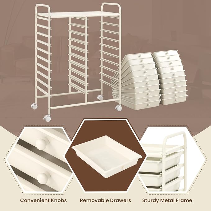 DREAMADE Rolling Cart with Storage Drawers, Utility Cart w/Removable Plastic Drawers, Lockable Wheels, Art Cart for Classroom Organization Art Supplies Office Scrapbook (20 Drawers, White)