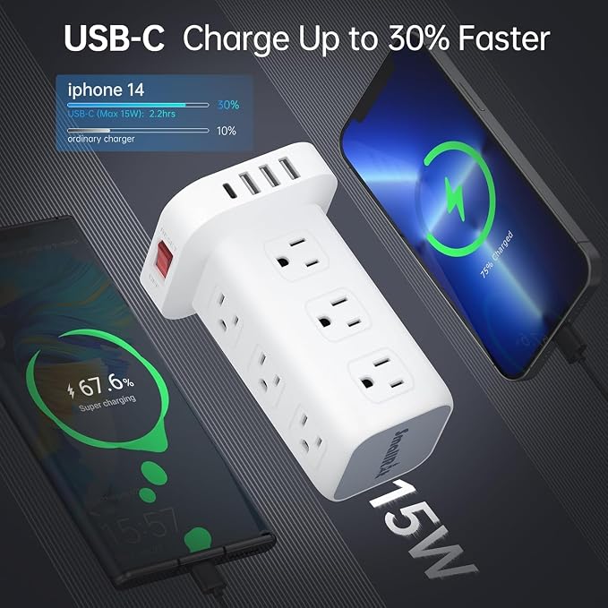 Power Strip with 12 Outlets 4 USB (1 USB C), 16.5Feet Extension Cord with Multiple Outlets, Charging Station, Power Strip Tower, Home Office Desk Supplies