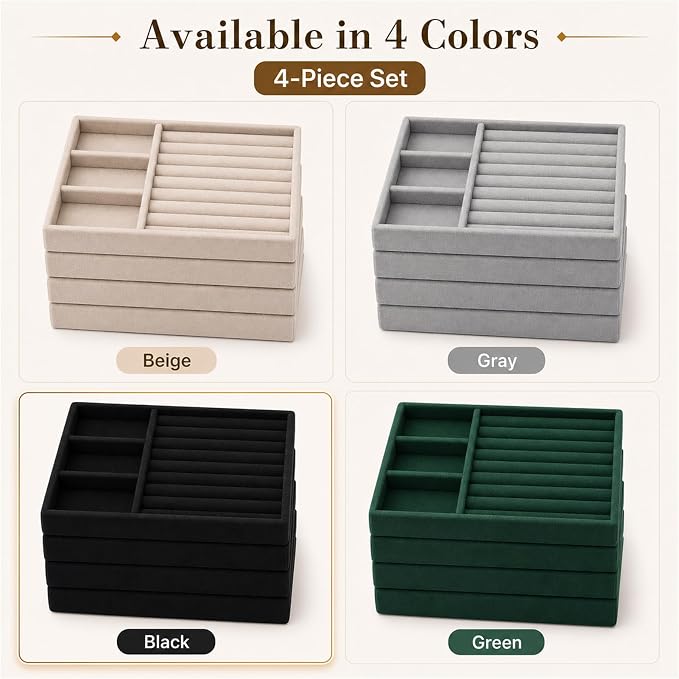 4 Pack Stackable Jewelry Organizer Tray Set - Velvet Display Case | for Rings Earrings Necklaces, for Drawer Organization, Can Stacked