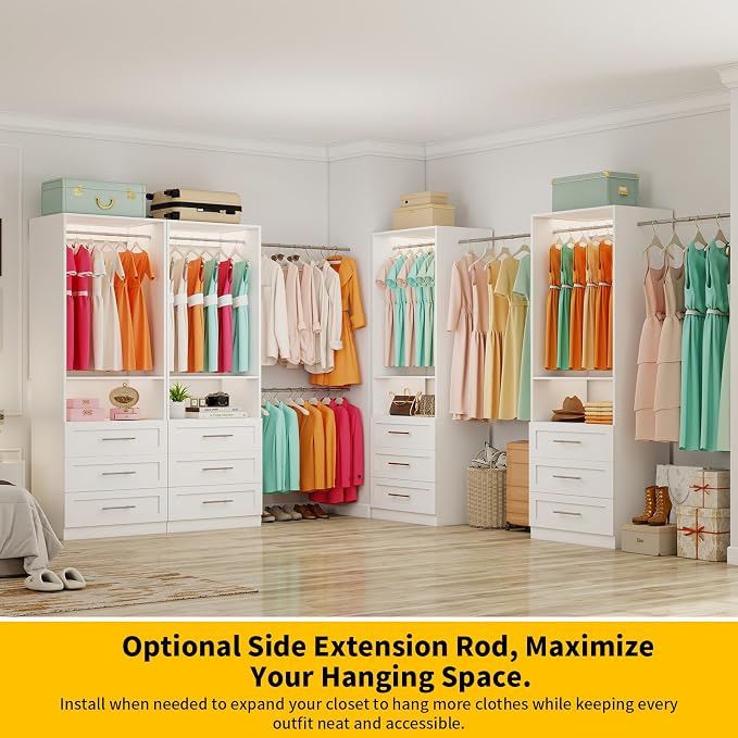 Closet System of 2 Sets with 6 Drawers, 4FT-10FT Modular Closet Organizer Systems Shelving, Wood Closet Systems for Walk in Closets with 4 Hanging Rods & 2 Shelves, Custom Closet System Kits, White