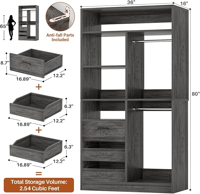 Besiost 36 Inches Modular Closet Drawers System, 3FT Wood Closet Organiser with Closed & Half-Open Drawers, Walk-in Freestanding Wardrobe Storage Cabinet with 6 Shelves, Oak (36" L x 15" W x 80" H)