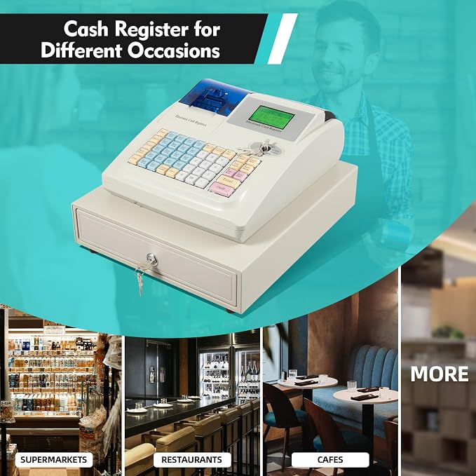 48 Keys Cash Registers, Flat Keyboard with Drawer Box 8-Digital LED, POS Cash Machine Flat Keyboard for Catering Supermarkets Clothing Stores Hamburger Stores