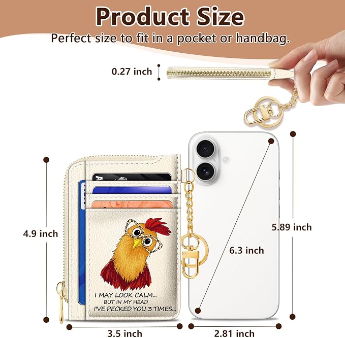 GIANCOMICS Slim Wallet Credit Card Holder Women, Funny Chicken Rfid Blocking Small Card Case, Keychain Thin Pocket Curved Zipper Wallet, Travel Card Holder PU Leather ID Window, Ladies Female Gifts