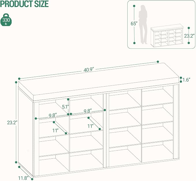 Hzuaneri Shoe Storage Bench, Entryway Shoe Rack with Cushion and Cubbies | entryway shoe rack bench cabinet with 16 cubbies and adjustable shelves for bedroom, living room, Rustic White SB25614KA