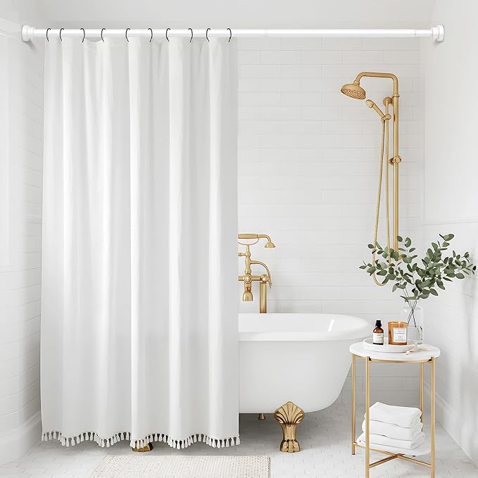 Shower Curtain Rod 31-63 Inch,7/8"Diameter Adjustable Spring Tension Curtain Rods No Drill,Ivory White Shower Tension Rod for Bathroom,Room Divider,Window,Anti-Rust Non-Slip 1-Pack