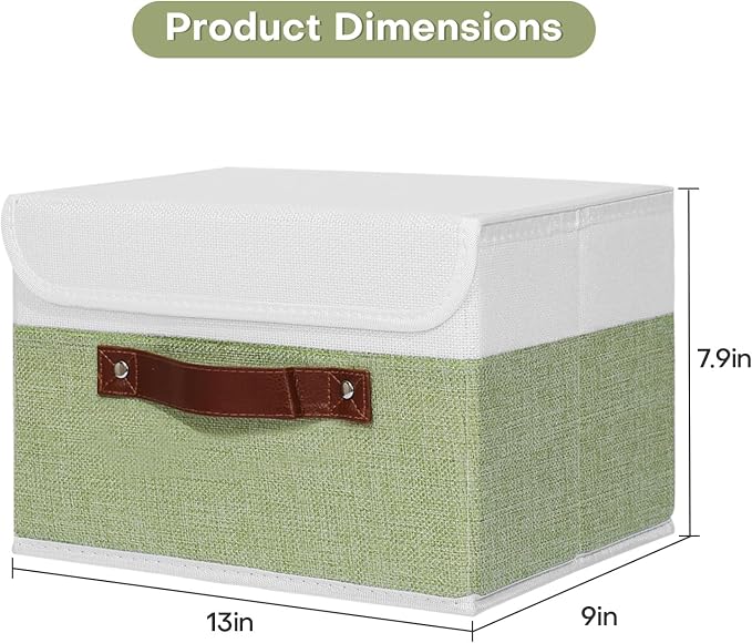 ANMINY 2PCS Storage Boxes with Lids Washable Decorative Storage Bins Basket with PU Leather Handle Foldable Linen Fabric Storage Cubes Containers for Home Closet Organizer - Green White, Medium