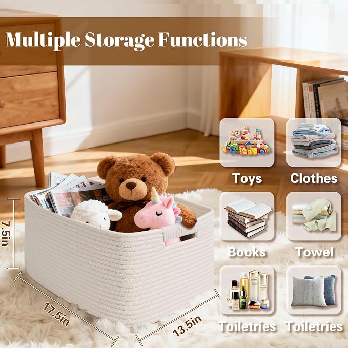 3 Pack Large Storage Basket for Organizing, 17.5"x13"x7" Woven Basket for Shelves, Closet Cube Storage Bins with Wrapped Handle, Cotton Rope Baskets for Kitchen, Clothes, Toys(Off White)