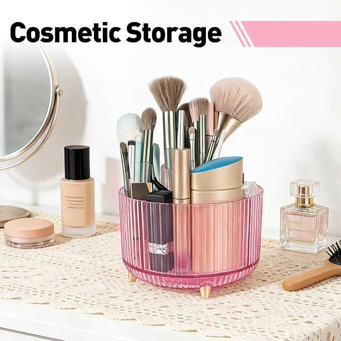 360 Rotating Pen Pencil Holder for Desk, Pen Organizer with 5 Slots, Makeup Brush Holder, Desk Organizer and Accessories, Cute Pencil Cup Caddy for Office School Home Decor Art Supply (Pink)