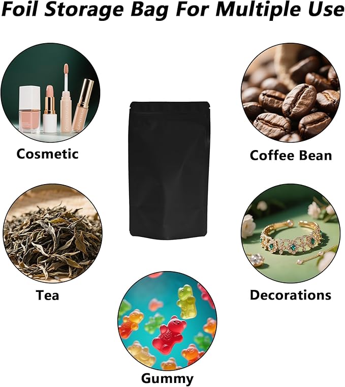 100PCS Smell Proof Resealable Pouch Bags,ULIFESTAR Aluminum Foil Flat Food Storage Bag,Sealable Pcsaging Zipper Pouches with Tear Notches for Pcsaging Lipgloss,Jewelry,etc(12*20cm/4.72*7.87",Black)