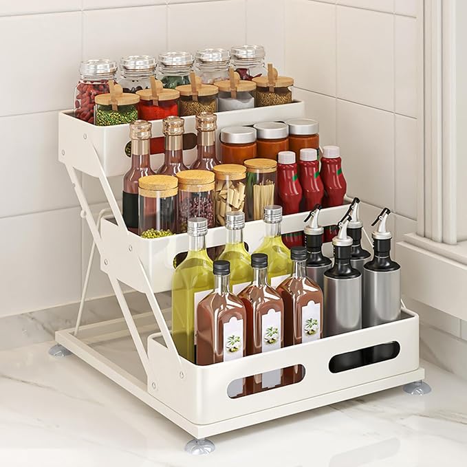 Ceetug 3 Tier Foldable Spice Rack, White | Iron, For Countertop, Kitchen Seasoning Organizer, For Cabinet