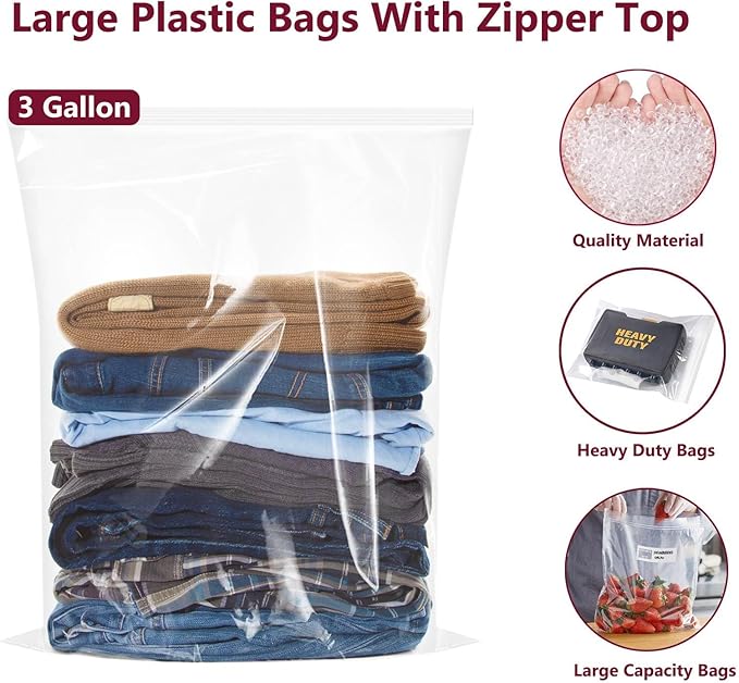 Large Plastic Bags With Zipper Top,3 Gallon,16" x 18",20 Pack,Extra Large Storage Packing for Clothes,Travel, Moving, Large Reusable bags,Heavy-Duty,BPA-Free, 2-mil Thick Clear Plastic