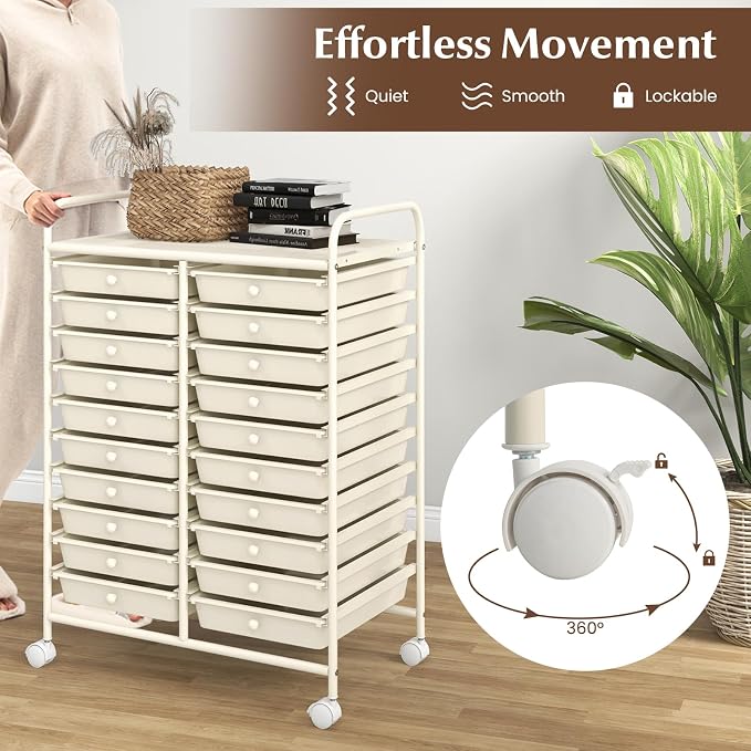 DREAMADE Rolling Cart with Storage Drawers, Utility Cart w/Removable Plastic Drawers, Lockable Wheels, Art Cart for Classroom Organization Art Supplies Office Scrapbook (20 Drawers, White)