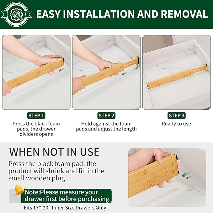 Dunruz 6 Pack Bamboo Drawer Dividers 2.6" High,Adjustable Spring Loaded Clothes Drawer Organizers for Kitchen, Dresser, Bathroom, Bedroom and Office