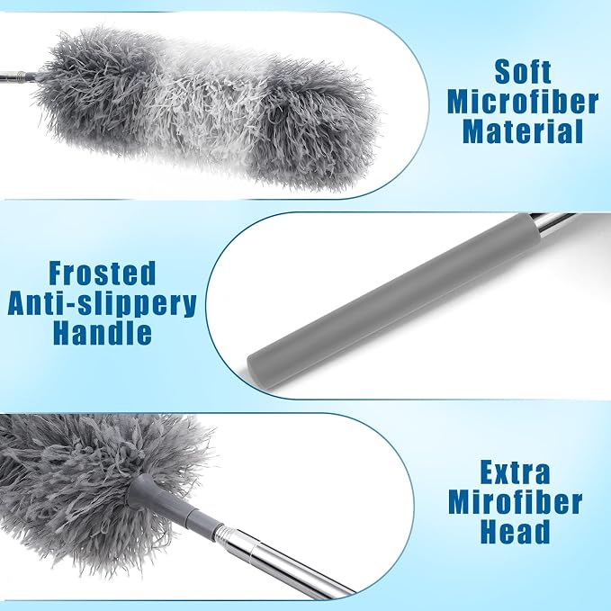 Tanlade 1 Pcs Microfiber Feather Duster for Cleaning, Extendable 13-31 Inch Ceiling Fan Duster with Bendable Head, Washable Tools for Ceiling Fans, Furniture, Car, Cobwebs (Gray White)