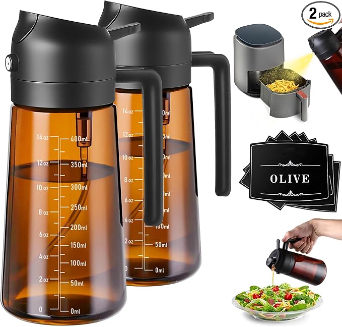 Olive Oil Sprayer & Dispenser for Cooking, 16oz Dark Glass Oil Mister, 2PC | 2-in-1 Oil Sprayer & Pourer, Fine mist, Light-Blocking, Wide Mouth, Easy Refill & Clean, 8 Oil Labels, Reusable, with Scale