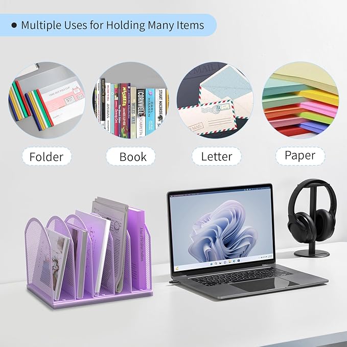 Gawerk 5-Section Vertical Desktop Organizer, 5-Section Mesh File Folder Stand Sorter for Office Home Classroom Organization (1, Purple)