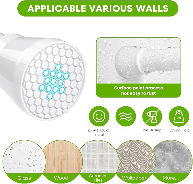 Tension Curtain Rod 30-64 Inch Curtain Rods No Drilling White Tension Spring Rod Adjustable Curtain Rod Expandable Shower Pressure Tension for Windows Closet Doorway
