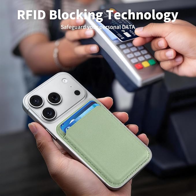 Magnetic Wallet Phone Card Holder for Phone Case with Mag-Safe, Stronger Magnetic RFID Leather Phone Wallet Stick on Series of iPhone 17/16/15/14/13/12 and Pro/Promax, Matcha Green