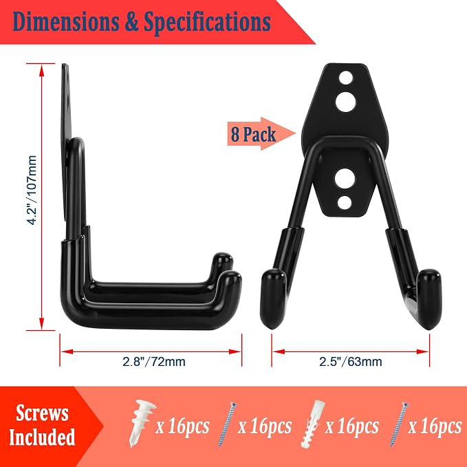 8 Pack Garage Hooks Heavy Duty, Garage Tool Organizer Wall Mount | Utility Organizer, Steel Utility Storage Hooks for Ladders, Garden Tools, Bike, Ropes, Bulk Items