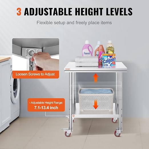 VEVOR Stainless Steel Work Table 30 x 24 x 33 Inch Prep Table with 4 Caster