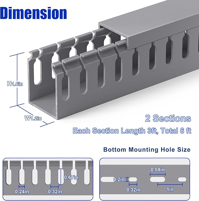 1.6" H x 1.2" W Cable Raceway, 6ft Under Desk Wire Management Channel, Grey | Slotted Wire Duct, 2 Pack (3 ft Each), Heavy-Duty PVC Cable Management for Server Racks, Network Cables & Electrical Cabinets
