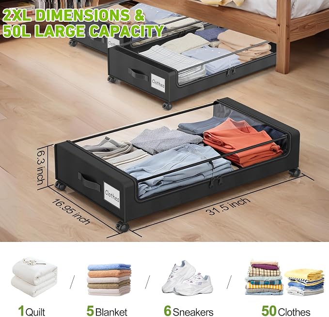 Molutsody Under Bed Storage with Wheels, 4-Pack Underbed Storage Containers with Clear Lids, Under Bed Shoe Storage Organizer, Rolling Under Bed Storage for Clothes Shoes Blankets (Black)