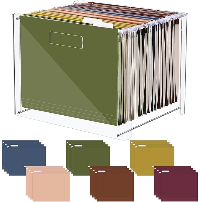 Dispowreath 24 Hanging File Folder with Acrylic Organizer for Letter/a4 Size Desktop Clear File Storage Box with Handles for Home Work Office Use(Neutral,Classic)