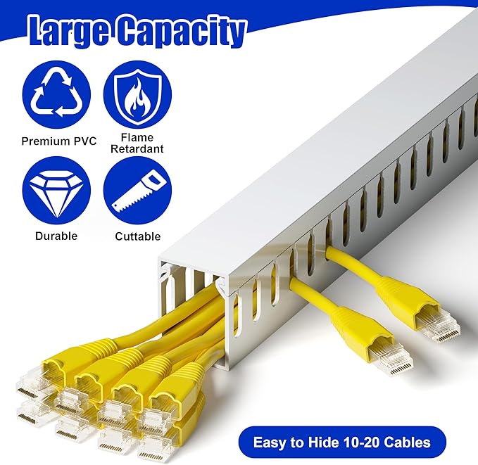 1.6"H x 1.2"W Cable Raceway, 6ft Under Desk Wire Management Channel, White | Slotted Wire Duct, 2 Pack (3 ft Each), Heavy-Duty PVC Cable Management for Server Racks, Network Cables & Electrical Cabinets
