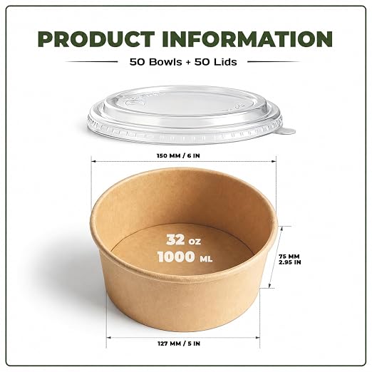 TOPtoper 50 Pcs 32 Oz Large Paper Bowls with Lids, Disposable Soup Serving Bowls Bulk Party Supplies for Hot/Cold Food, Soup (32 OZ)