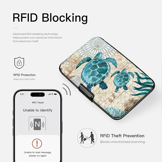 Credit Card Holder RFID Aluminum card case Sea Turtle mini Wallet Women Men | ABS Business ID Case,Hard Case Large Capacity 6 Slots, Waterproof Durable ，Secure Closure Slim Small Credit Card Protector