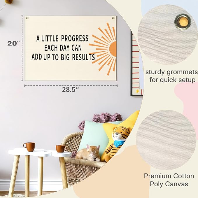 Classroom Wall Flag Decor-Teacher Gift-Inspirational Back to School Wall Banner Decor-A Little Progress Each-Hanging Rectangular Canvas Banner for Classroom Teacher Office Reading Corner-28.5x20 In