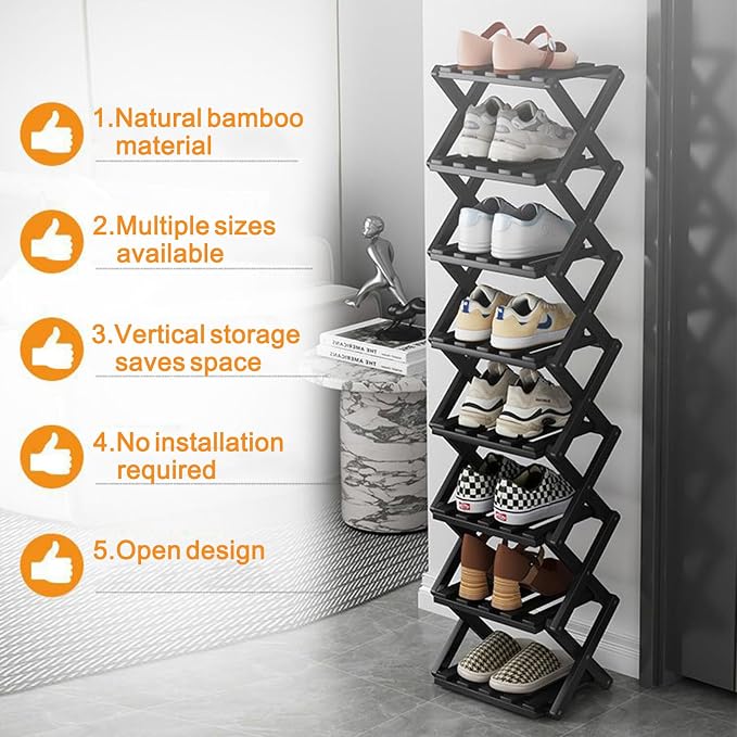Vertical Narrow Shoe Rack Black, 7 Tier Portable Folding Shoe Storage Rack, Without Installation Free Standing Shoe Rack for Corridors, Bedrooms Living Room Corner and Small Spaces