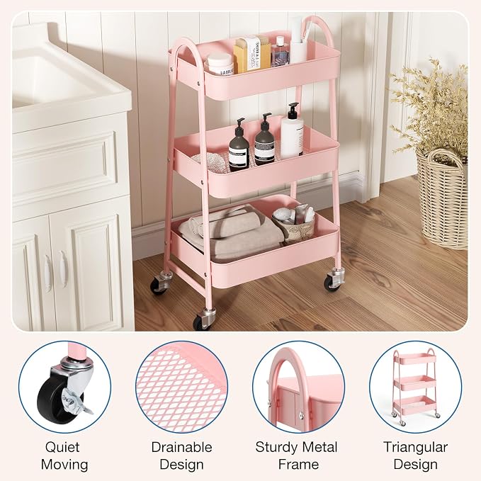 DUMOS 3 Tiers Rolling Cart, Utility Cart, Metal, Pink | Mobile Storage, Lockable Wheels, Utility Shelving Unit, Kitchen, Bathroom, Laundry, Narrow Places