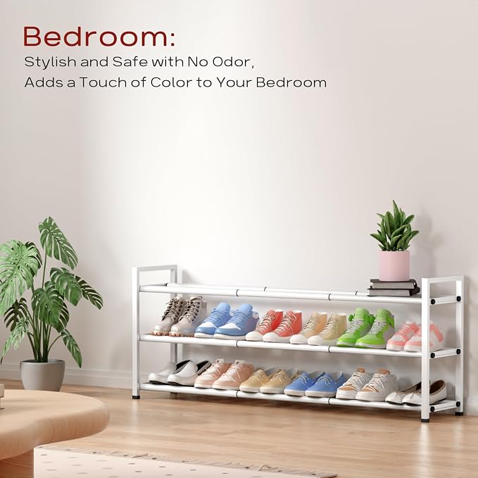 Bumusty 3-Tier Long Expandable Shoe Rack for Closet, 18"-44" Adjustable Shoe Rack for Entryway, 15-18 Pairs Large Shoe Organizer Shelf Storage, Sturdy Metal, White