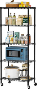 Golpart Shelves Storage Shelf Wire Closet Bathroom Organizers Metal Pantry | 5 tier Kitchen Garage Shelving Unit Laundry Room Organization Home Rack Net Basket Black with Wheels 14”D X 24”W X 61.2”H