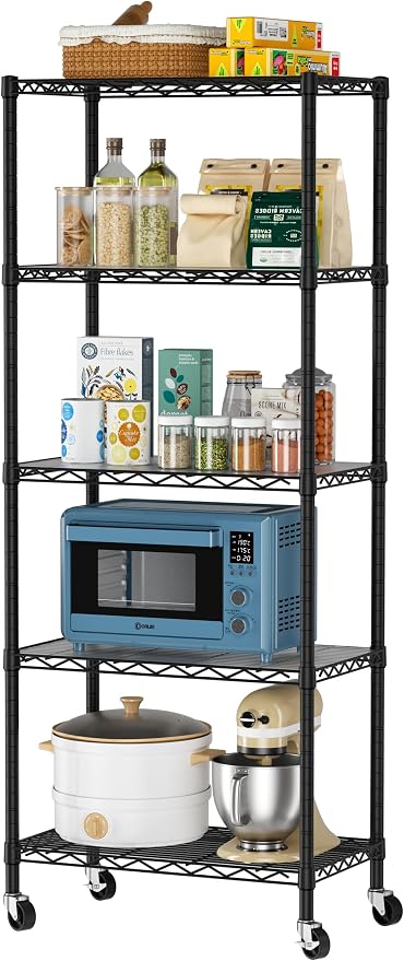 Golpart Shelves Storage Shelf Wire Closet Bathroom Organizers Metal Pantry | 5 tier Kitchen Garage Shelving Unit Laundry Room Organization Home Rack Net Basket Black with Wheels 14”D X 24”W X 61.2”H