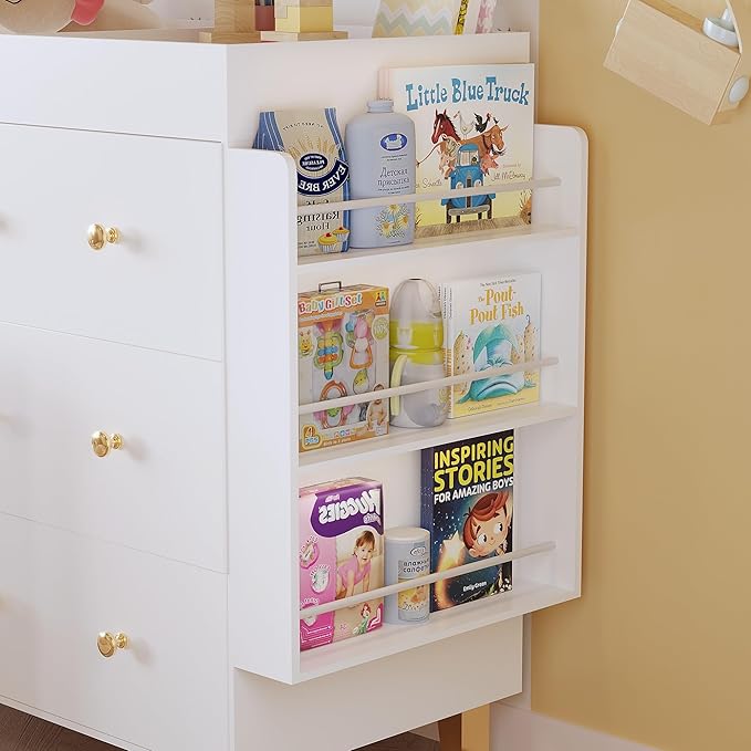 Wooden Baby Changing Table Dresser,Diaper Changing Table with Large Tabletop,4 Drawers, Open Storage Space & Side Shelves,Modern Storage Crib with Changing Table for Nurseries and Baby Rooms,White