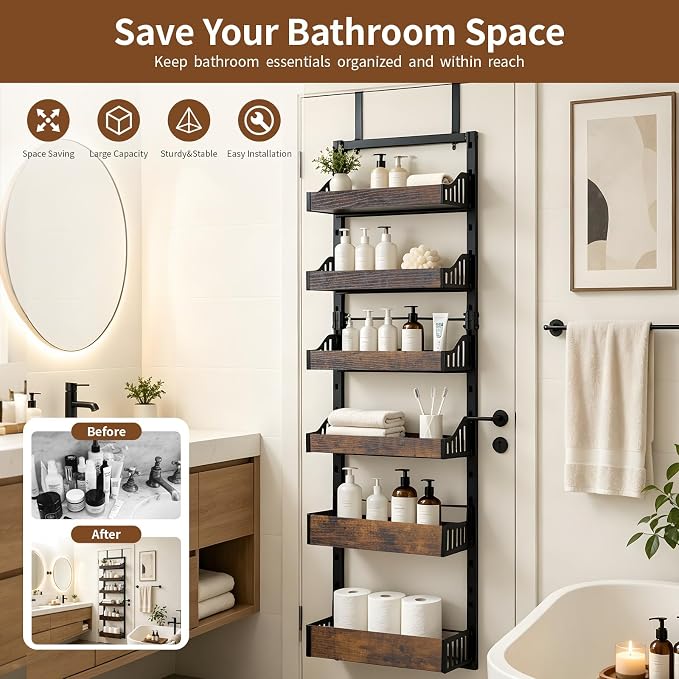 Tviort 6-Tier Over Door Pantry Organizer, Adjustable Heavy Duty Spice Rack | Metal 6-tier over-door/wall-mounted spice rack with wood baskets, adjustable detachable storage for kitchen and bathroom