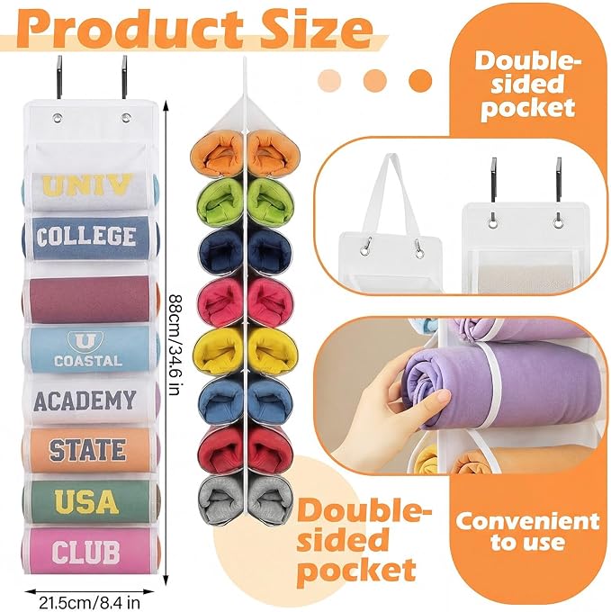 Over The Door Hoodie Organizer, Double Sided Holds 16 T-Shirts, White Hanging Storage with 2 Hooks and Rope for Door Closet Cabinet Use, Ideal for Dorm Rooms Bedroom (White)