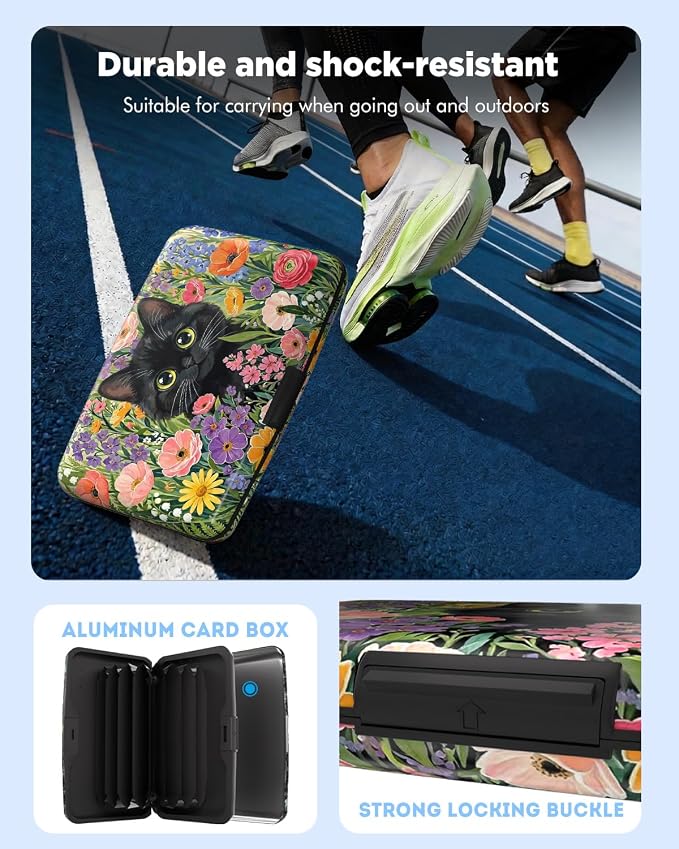 Maicican RFID Blocking Aluminum Credit Card Holder | Slim Metal Wallet for Women & Men, Business Card Case for Travel, Fits Front Pocket, Card holder wallet - Flower Cat