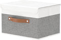 OUTBROS Storage Boxes, Collapsible Storage Bins with Lids, Cotton and linen cloth Storage Baskets with Handle, for Books, Closet, Bedroom, Home, 10.2x7.9x6.7 in, White/Grey