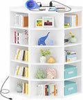 Aheaplus Corner Cabinet, 6-Tier Corner Bookshelf with Power Outlets, Corner Cube Storage Shelf with Top Table, Wooden L Cubby Toy Storage with 15 Cubes for Home Office, Bedroom, Living Room, White